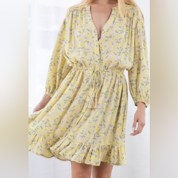 LOVESTITCH - Boho Long Sleeve Floral Yellow Mini Dress - Picture 2 of 5